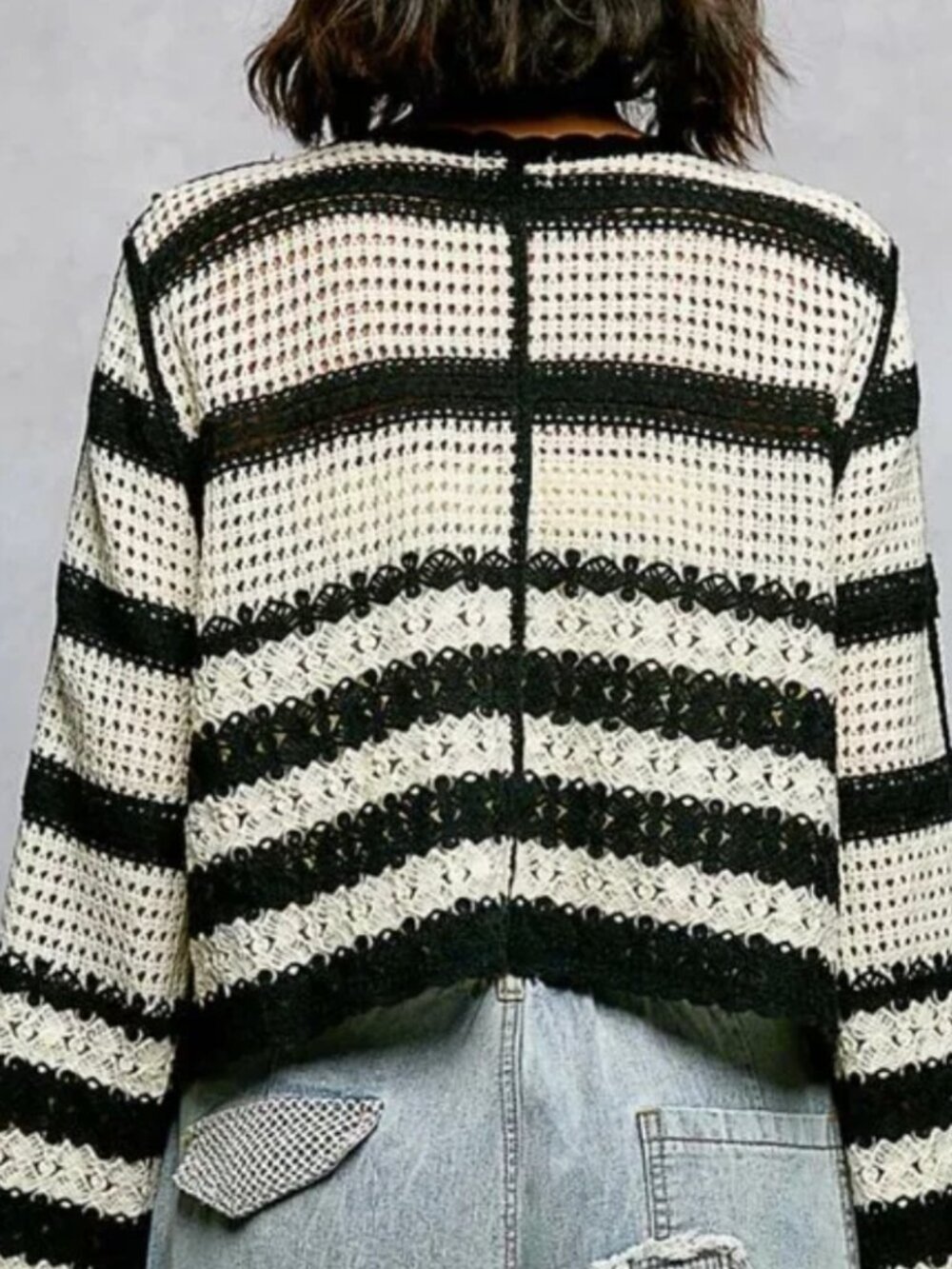 POL Black and Cream Striped Crochet Cardigan with Floral Embroidery - Picture 3 of 5